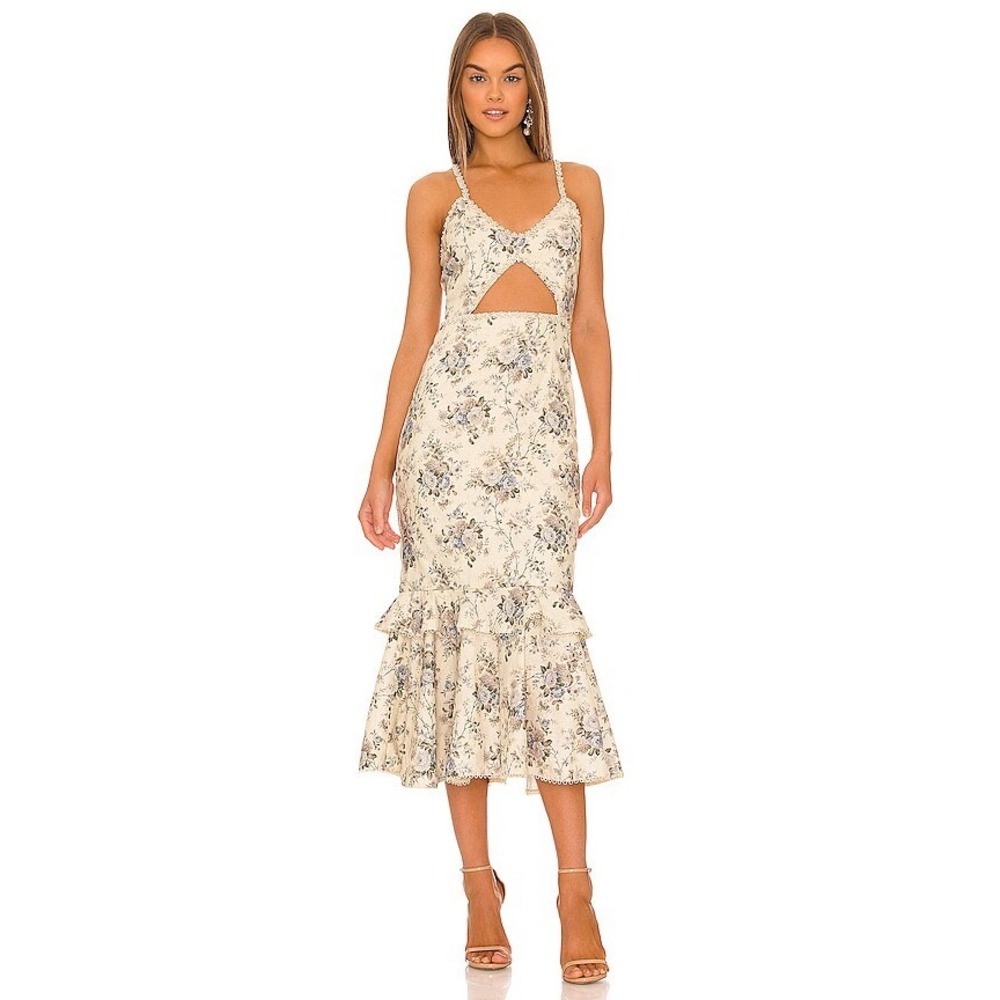 V. Chapman Luna Midi Dress English Rose Floral Crystal Trim Linen Blend Size 2